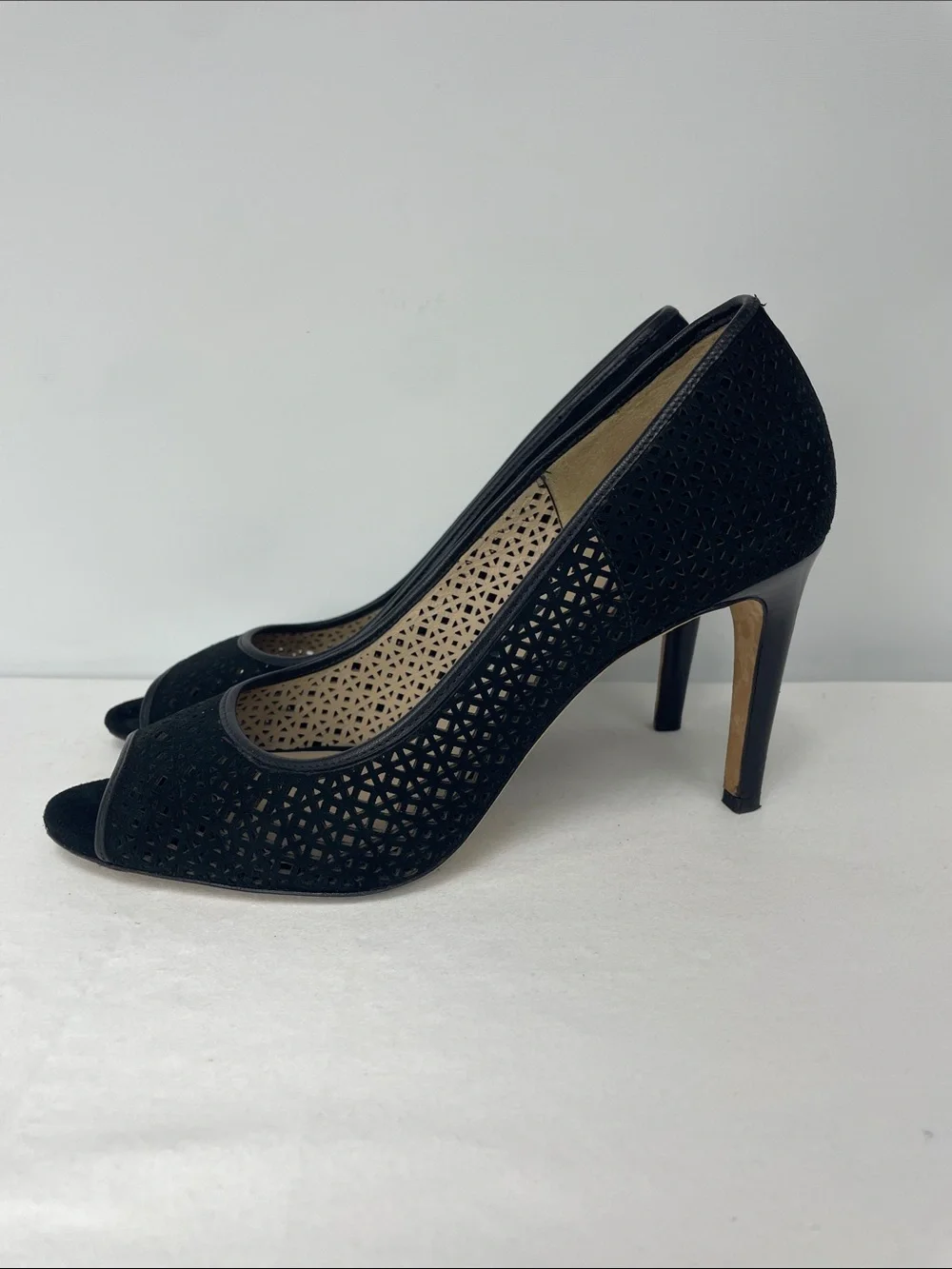 Tory Burch Black Laser-Cut Peep-Toe Pumps, Size 8.5